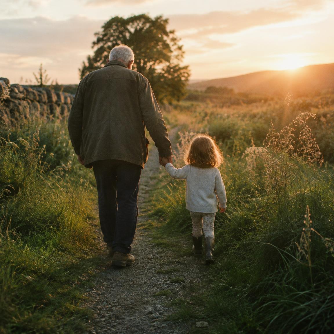 Un enfant marche main dans la main avec son grand-père au coucher du soleil
